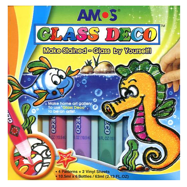 Набір вітражних фарб "Amos" /GD10P6/ Glass Deco "Море" 6кол.*10,5 мл+трафарет (1/10)