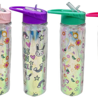 Пляшка для води з трубочкою /0186-XLZ/ пластик "Веселка голографічна" 550мл, мікс (1/60)