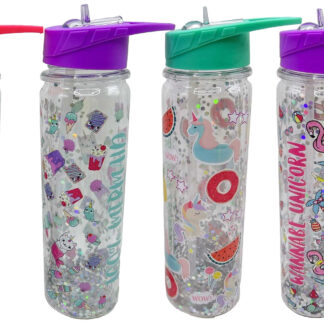 Пляшка для води з трубочкою /0380-LZ/ пластик "Коти, Єдиноріг, риби-блискітки" 550мл, мікс (1/60)