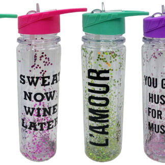 Пляшка для води з трубочкою /0382-LZ/ пластик "Написи-блискітки" 550мл, мікс (1/60)